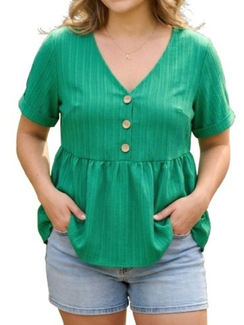 SHEIN Green Peplum Blouse V-Neck Button Detail Cuffed Short Sleeves